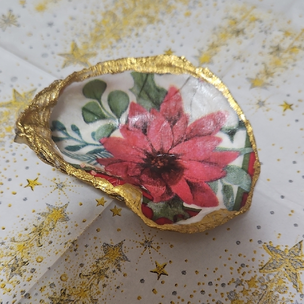 Decorative Oyster Shell with Pointsettia Design Trinket Dish with Gold Accents